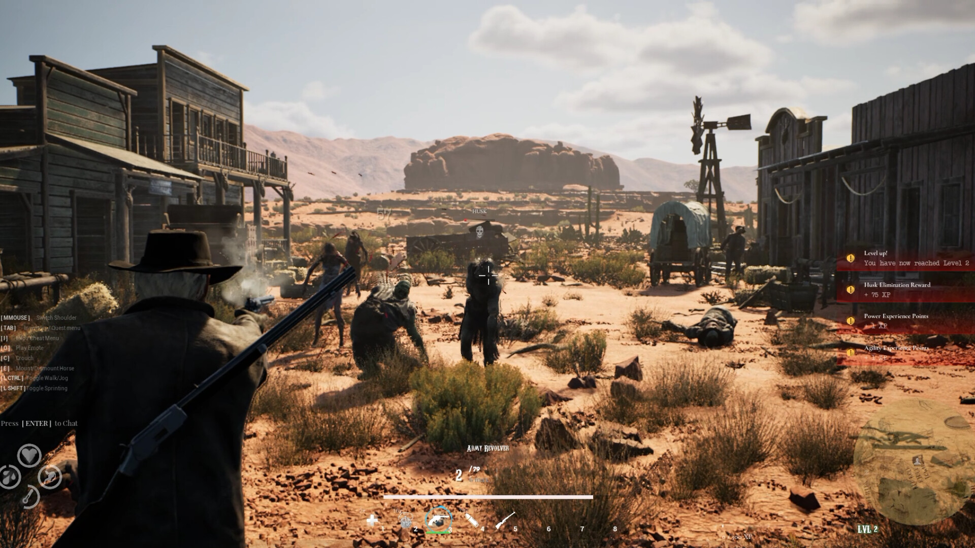 A Western Rye character in a frontier settlement with combat equipment visible