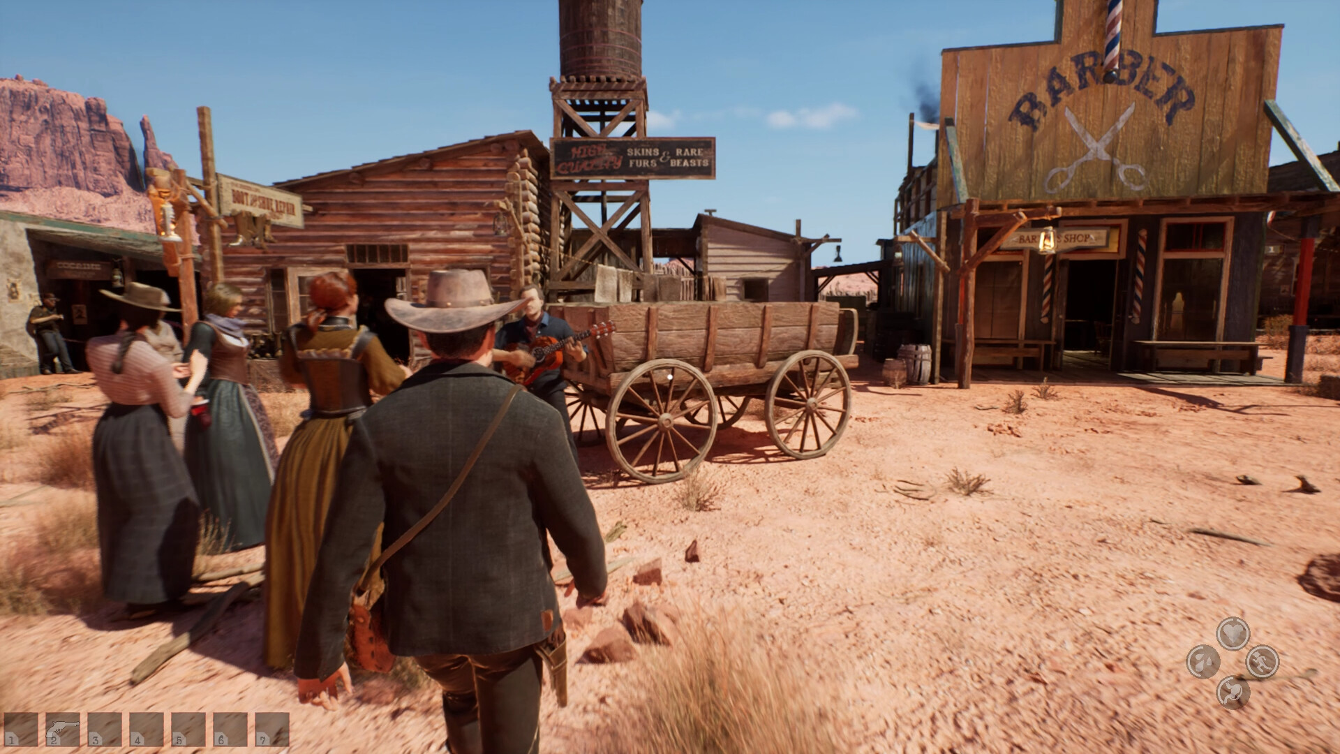 A crowded Western Rye frontier town from an official Steam screenshot