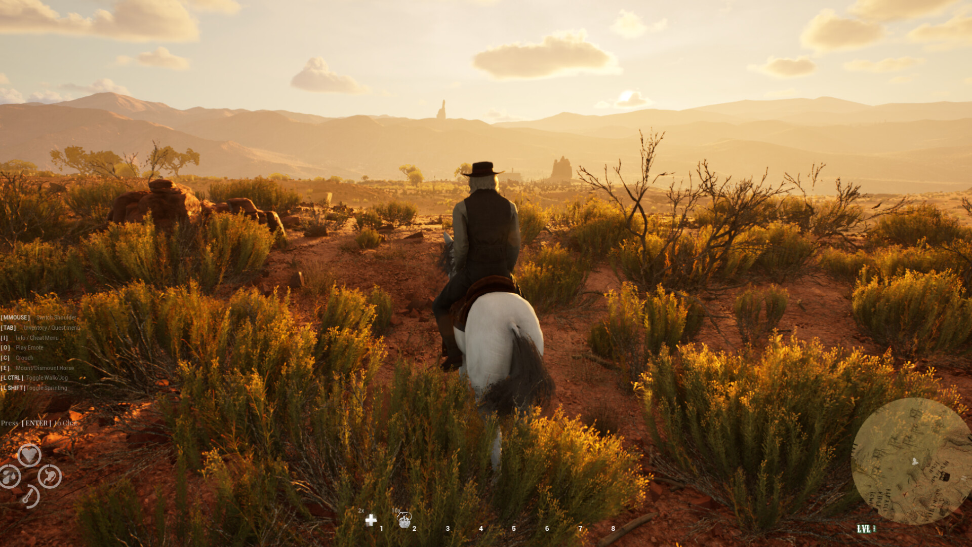 A Western Rye player riding a horse across the desert