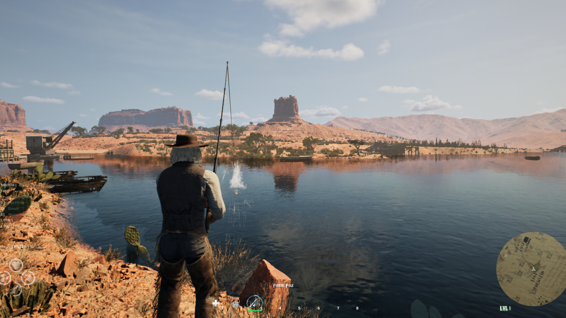 A Western Rye character fishing at a desert lake