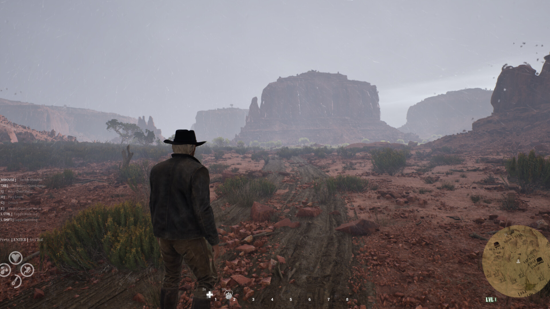 A Western Rye character standing in a stormy red-rock landscape